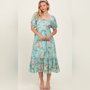 Chic Floral Midi Dress in Blue and Pink